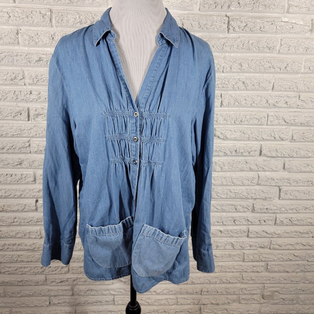 Chicos‎ Additions XL Blue Chambray Shirt Womens Cotton Pleated  BLU187E